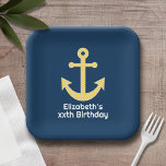 Nautical Anchor with Navy Yellow Chevron Pattern Paper Plate<br><div class="desc">Trendy and Preppy Patterns - A classic and elegant design with chevrons and an area to add your name or monogram.</div>