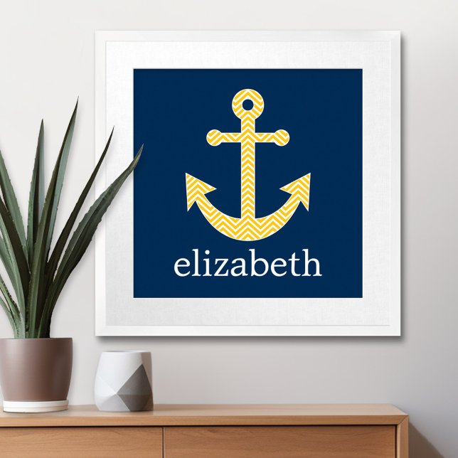 Nautical Anchor with Navy Yellow Chevron Pattern Poster (Nautical Anchor Poster with Custom Name)