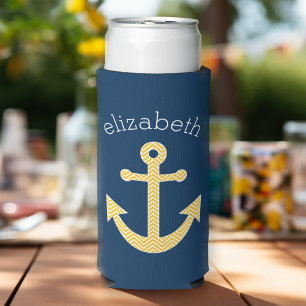 Nautical Anchor with Navy Yellow Chevron Pattern Seltzer Can Cooler