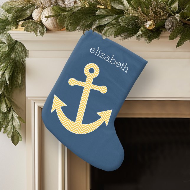 Nautical Anchor with Navy Yellow Chevron Pattern Small Christmas Stocking (Personalized Christmas Stocking)