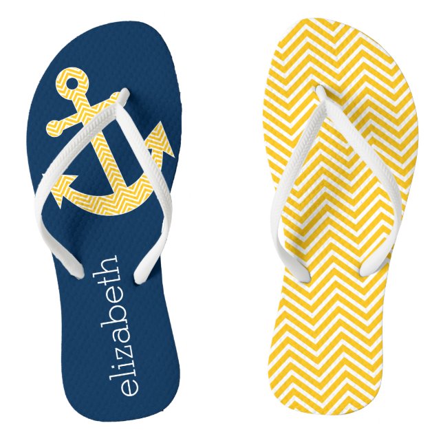 Nautical Anchor with Navy Yellow Chevron Pattern Thongs (Footbed)