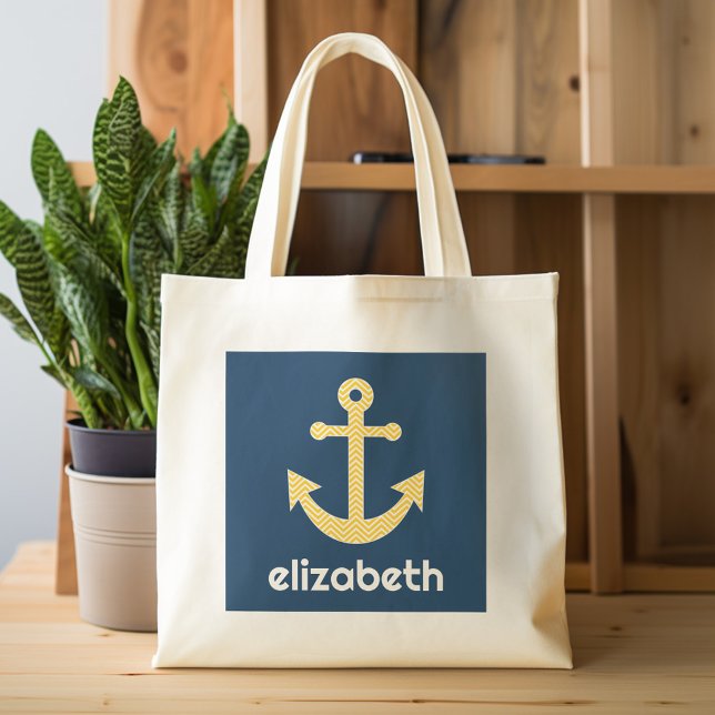 Nautical Anchor with Navy Yellow Chevron Pattern Tote Bag (Personalized tote bag - cute anchor with name)