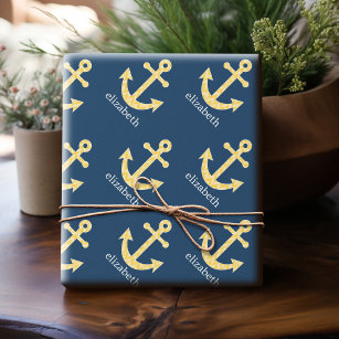 Nautical Anchor with Navy Yellow Chevron Pattern Wrapping Paper