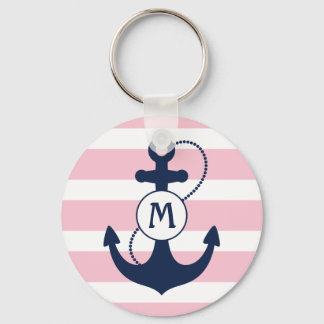 Nautical Anchor with Pink Stripes and Monogram Key Ring