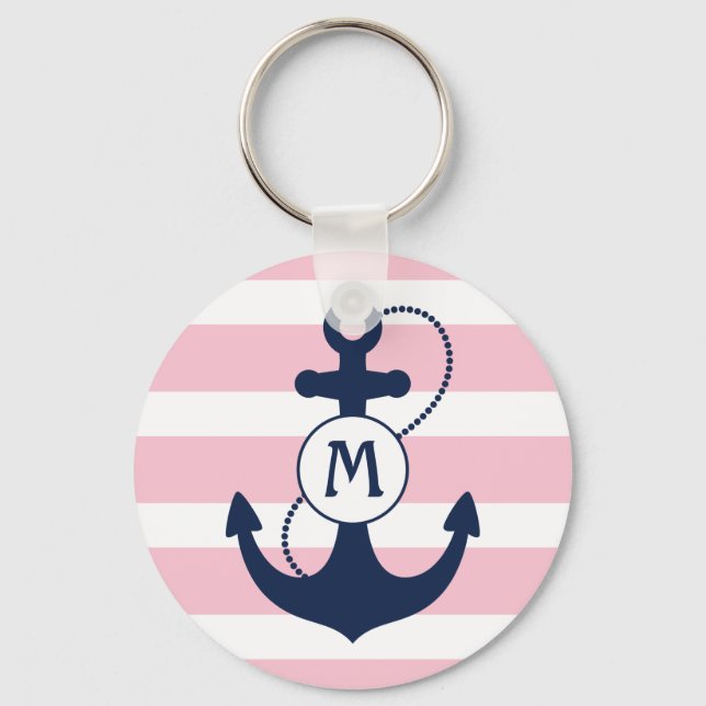 Nautical Anchor with Pink Stripes and Monogram Key Ring (Front)
