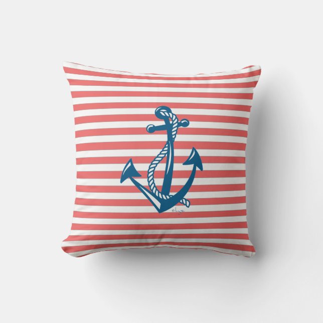 Nautical Anchor with red stripes Cushion (Front)