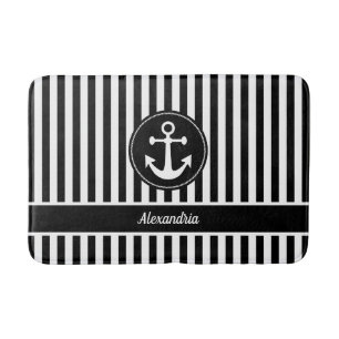 Nautical Anchor with Rope Black and White Stripes Bath Mat