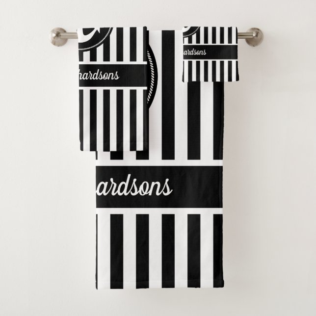 Nautical Anchor with Rope Black and White Stripes Bath Towel Set (Insitu)