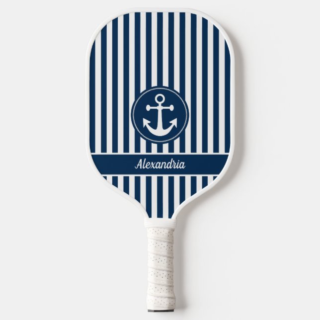 Nautical Anchor with Rope Navy Blue Stripes Custom Pickleball Paddle (Front)