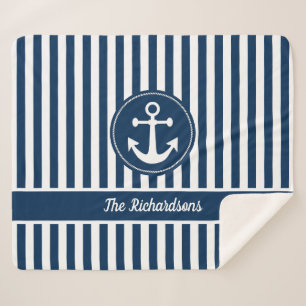 Nautical Anchor with Rope Navy Blue Stripes Sherpa Blanket
