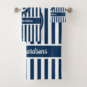 Nautical Anchor with Rope on Navy Blue Stripes Bath Towel Set
