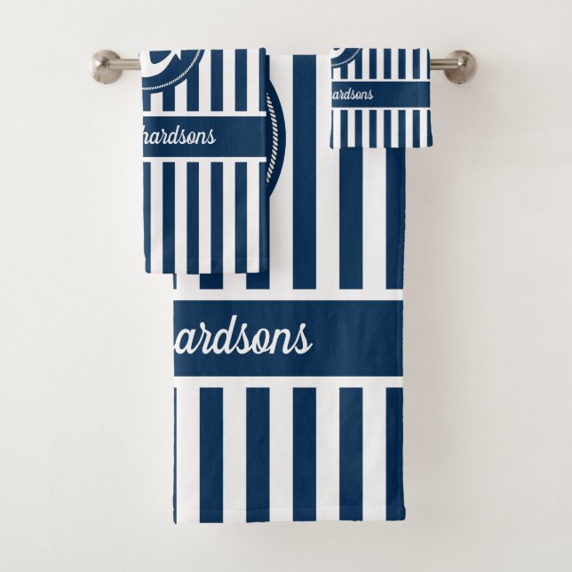 Nautical Anchor with Rope on Navy Blue Stripes Bath Towel Set (Insitu)