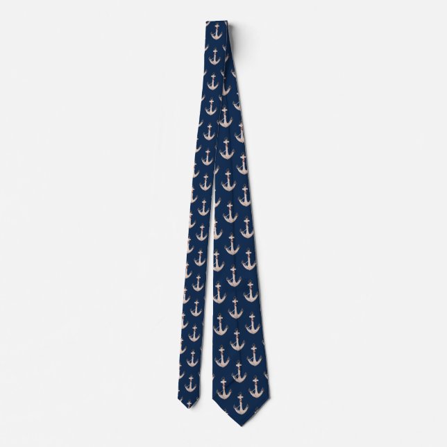 Nautical Anchor with Rope on Navy Blue Tie (Back)