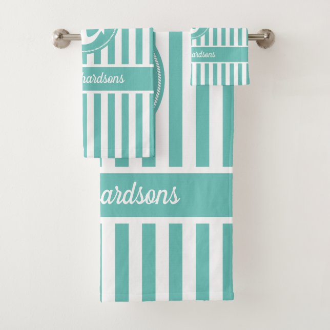 Nautical Anchor with Rope Teal and White Stripes Bath Towel Set (Insitu)