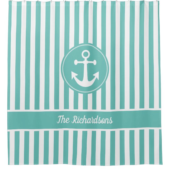 Nautical Anchor with Rope Teal and White Stripes Shower Curtain (Front)