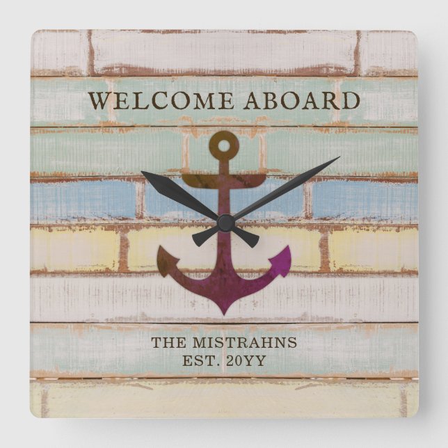 Nautical Anchor Wood Welcome Aboard Boat Name Square Wall Clock (Front)