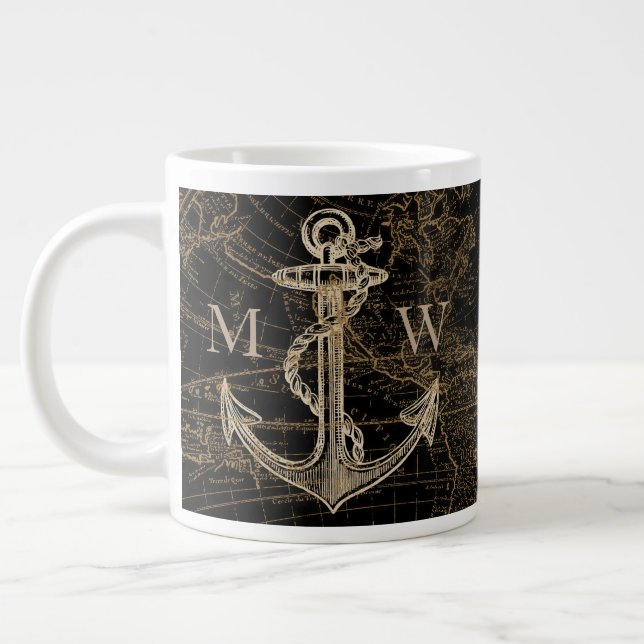 Nautical Anchor World Map Monogrammed Black Large Coffee Mug (Left)