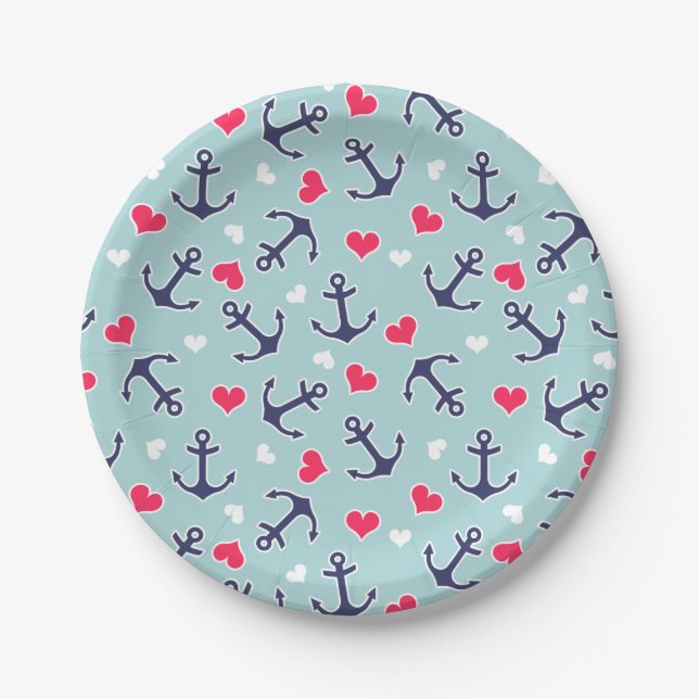 Nautical Anchors and Hearts Pattern Paper Plate (Front)