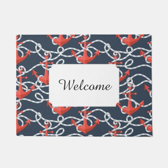 Nautical Anchors And Rope Pattern | Add Your Text Doormat (Front)
