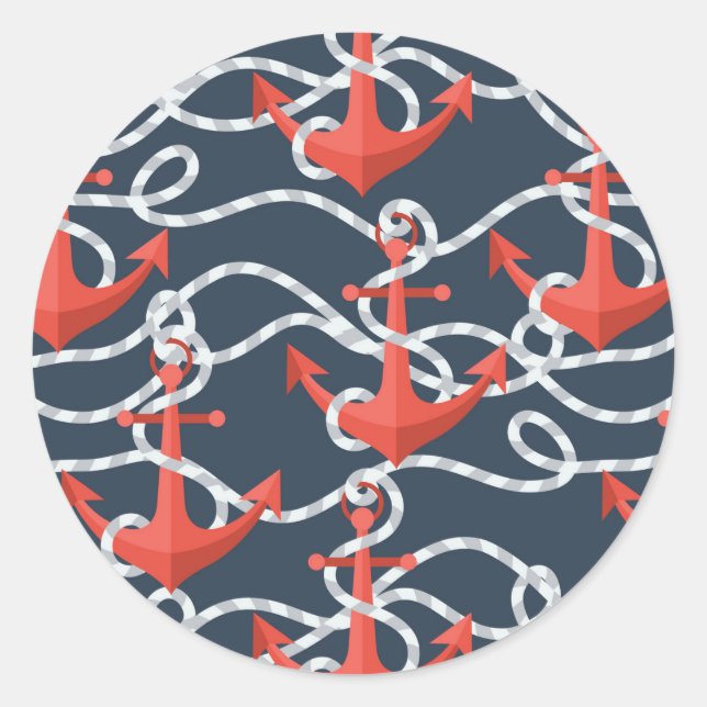 Nautical Anchors And Rope Pattern Classic Round Sticker (Front)