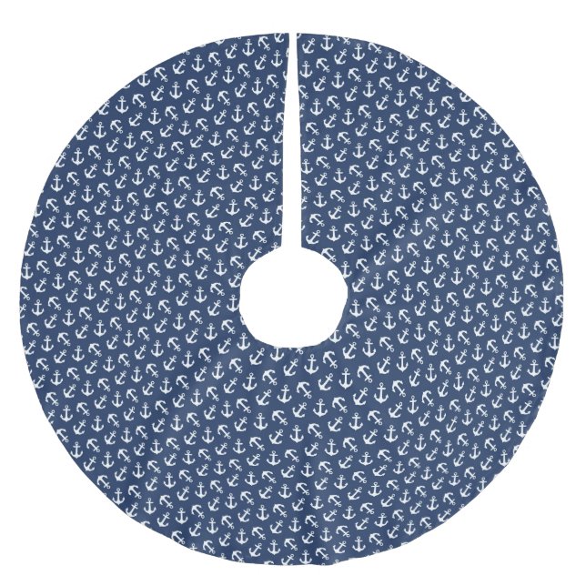 Nautical Anchors Aweigh Pattern Navy Brushed Polyester Tree Skirt (Front)