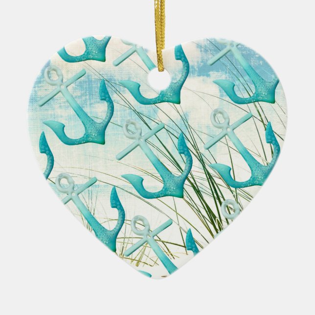 Nautical Anchors Beach Ocean Seaside Coastal Theme Ceramic Tree Decoration (Front)