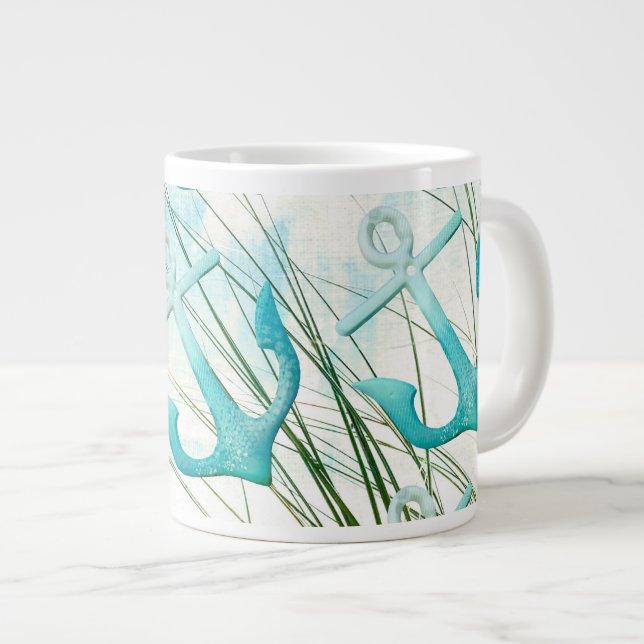Nautical Anchors Beach Ocean Seaside Coastal Theme Large Coffee Mug (Front Right)