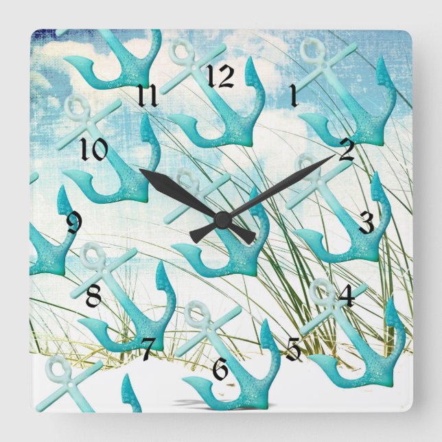 Nautical Anchors Beach Ocean Seaside Coastal Theme Square Wall Clock (Front)