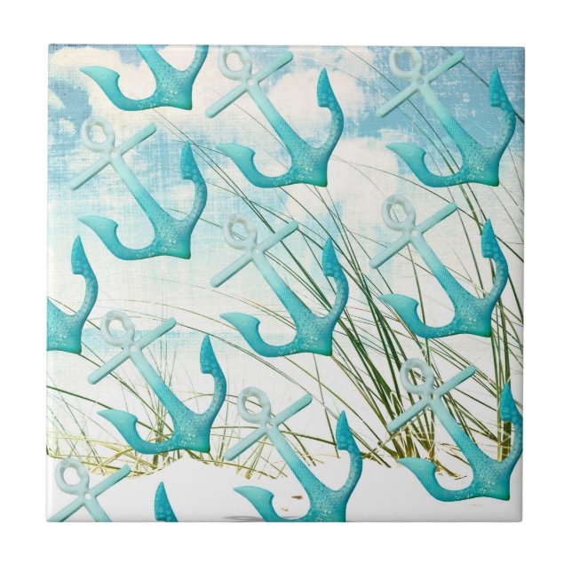 Nautical Anchors Beach Ocean Seaside Coastal Theme Tile (Front)