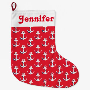 Nautical Anchors Customisable Holiday Message Large Christmas Stocking