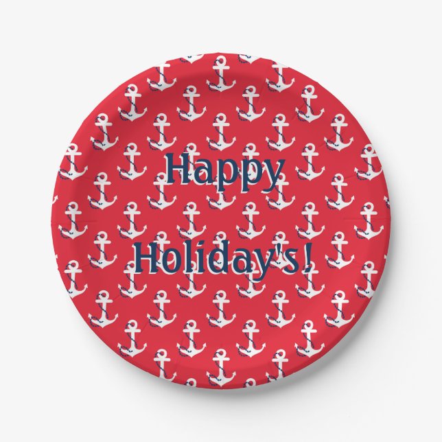 Nautical Anchors Customisable Holiday Message Paper Plate (Front)