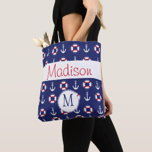 Nautical Anchors Navy Red Trendy Initial Monogram Tote Bag