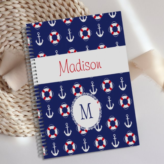 Nautical Anchors Navy Red Trendy Monogram Planner (Creator Uploaded)