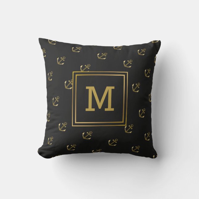 Nautical Anchors Pattern Black and Gold Monogram Cushion (Front)