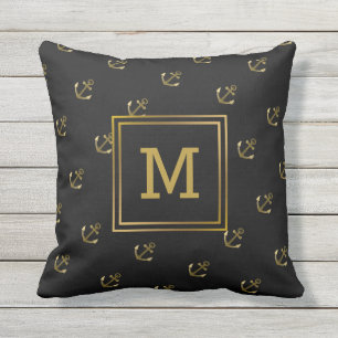 Nautical Anchors Pattern Black and Gold Monogram Cushion