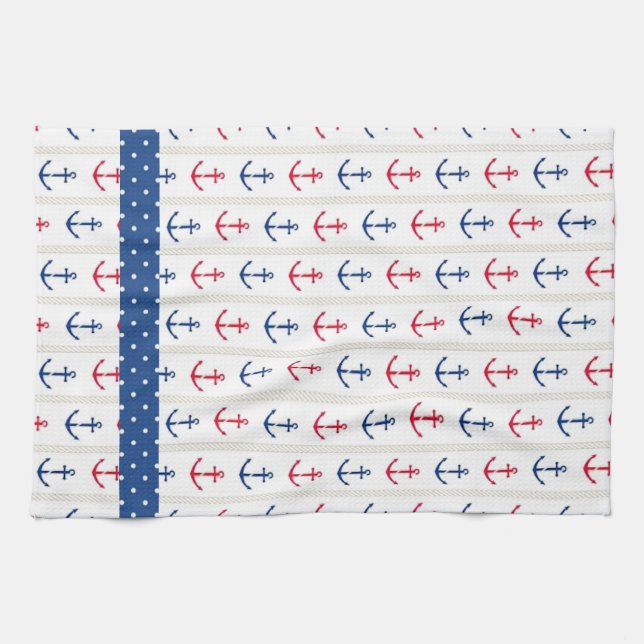 Nautical Anchors Red White Blue Tea Towel (Horizontal)
