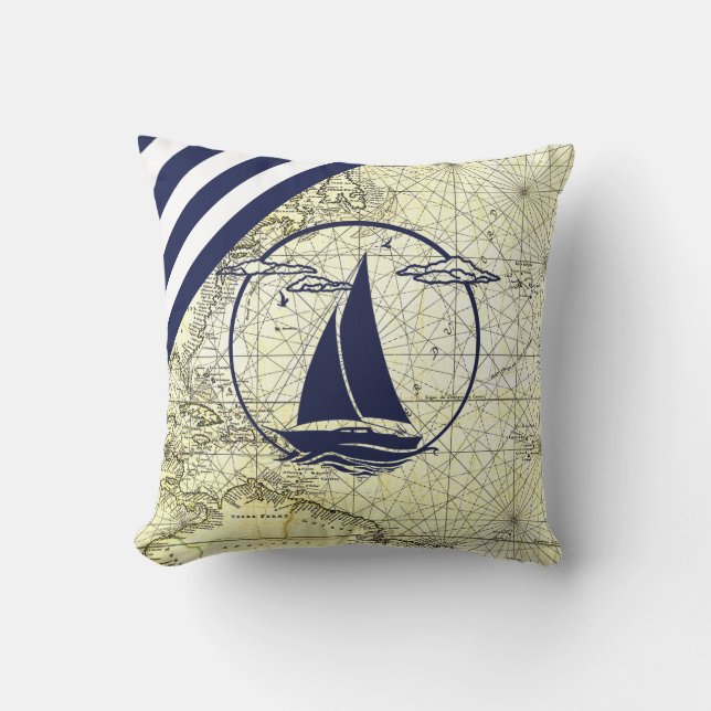 Nautical ancient map/sailboat/silhouette/navy blue cushion (Front)