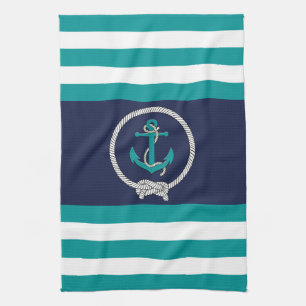 Nautical aqua anchor/navy knot/blue/white stripe tea towel