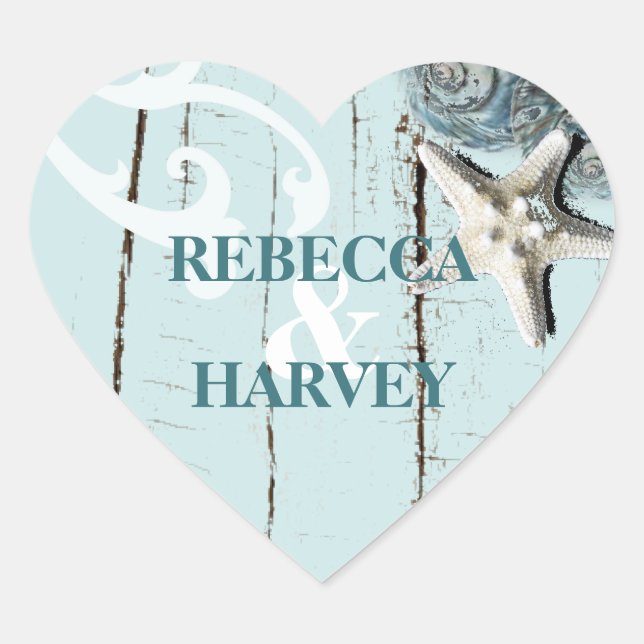 nautical aqua blue beach seashell wedding heart sticker (Front)