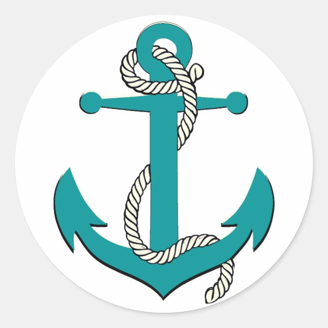 Nautical aqua blue silhouette anchor rope classic round sticker (Front)