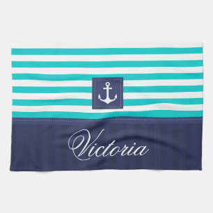 Nautical Aqua Blue Stripes Anchor Personalised Tea Towel
