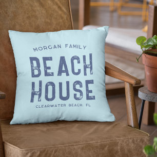 Nautical Aqua Blue & White Beach House Family Name Cushion