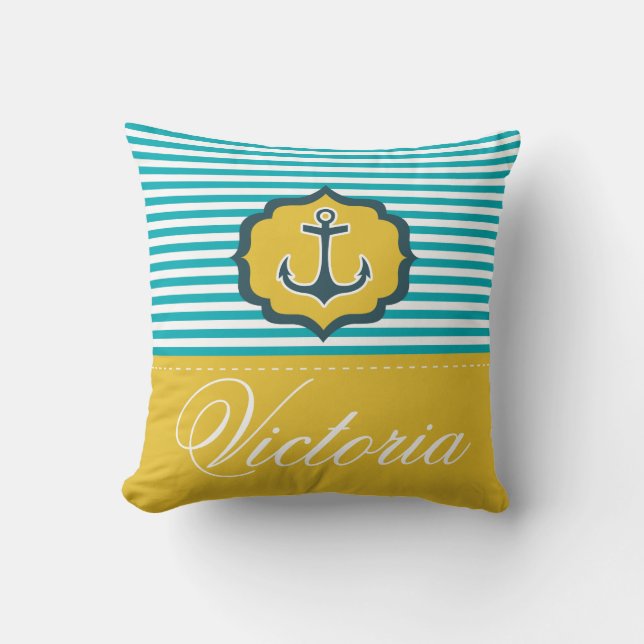 Nautical Aqua Blue Yellow Stripes Anchor Custom Cushion (Front)