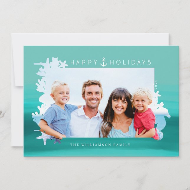 Nautical Aqua Happy Holidays Ocean Photo Frame Holiday Card (Front)