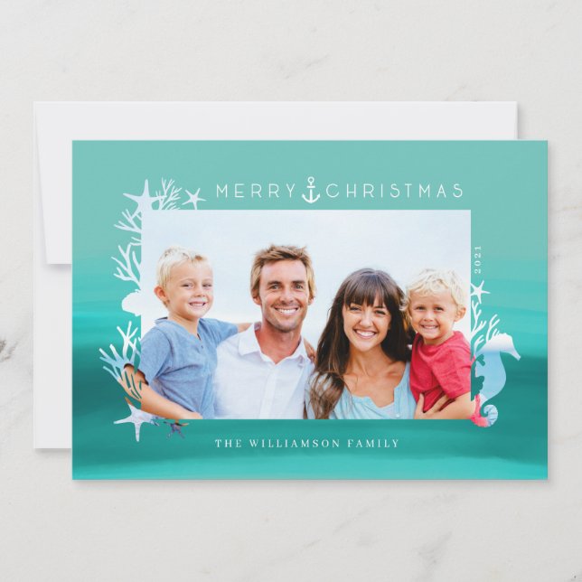 Nautical Aqua Merry Christmas Ocean Photo Frame Holiday Card (Front)