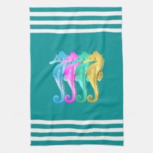 Nautical aqua/pink/blue/gold seahorses beach towel