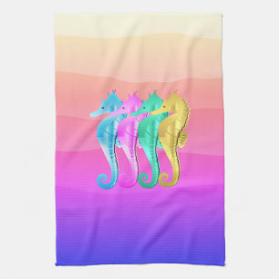 Nautical aqua/pink/blue/gold seahorses beach towel