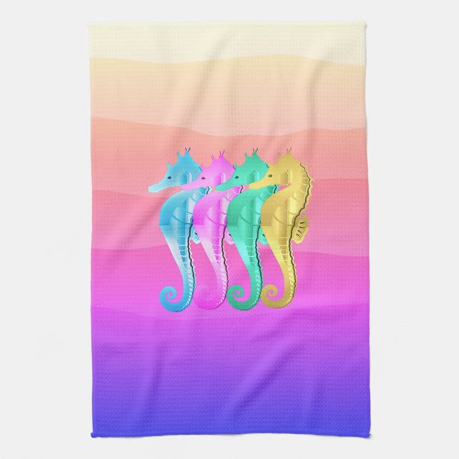 Nautical aqua/pink/blue/gold seahorses beach towel (Vertical)