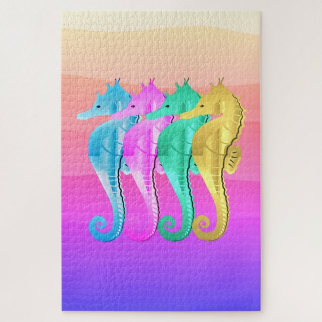 Nautical aqua/pink/blue/gold seahorses throw pillo jigsaw puzzle (Vertical)