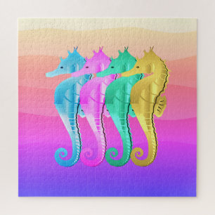 Nautical aqua/pink/blue/gold seahorses throw pillo jigsaw puzzle